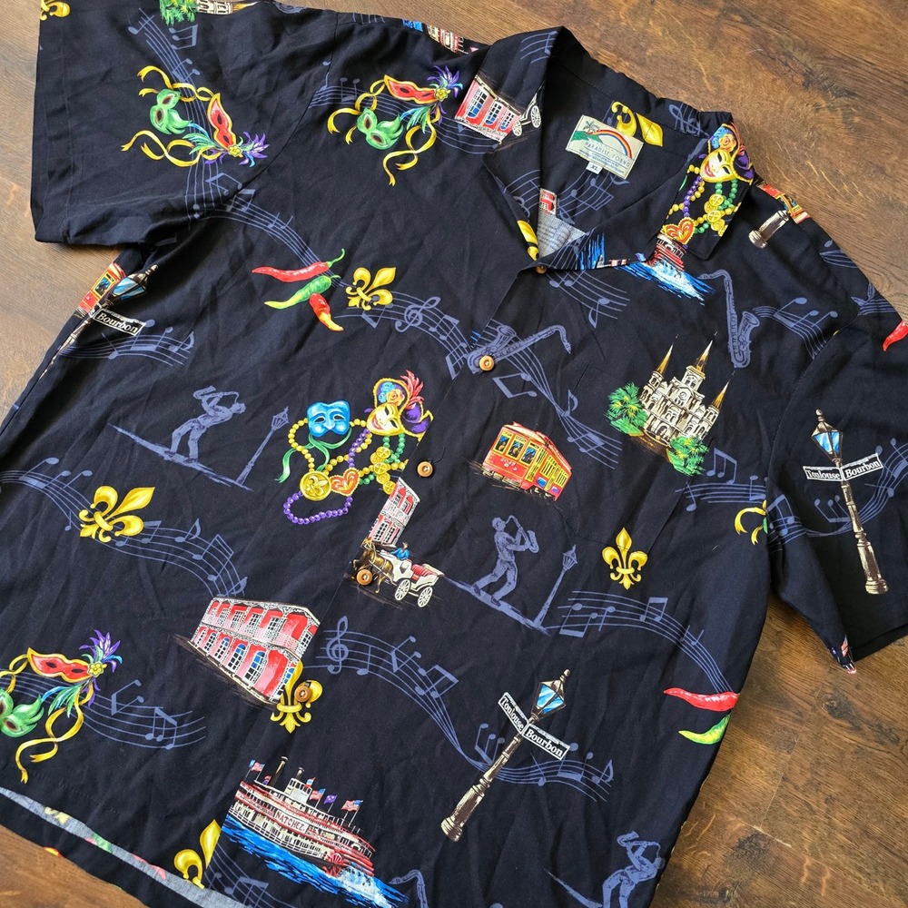 Paradise Found Men New Orlean Mardi Gras Jazz Print Hawaiian Camp Shirt XL Black